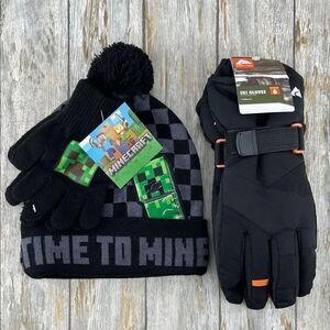 Minecraft Beanie Hat Knit & Ski Gloves 3-Piece Set